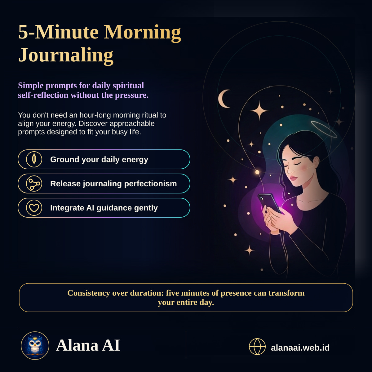 Square Alana AI social graphic for 5-Minute Morning Journaling Prompts for Spiritual Self-Reflection