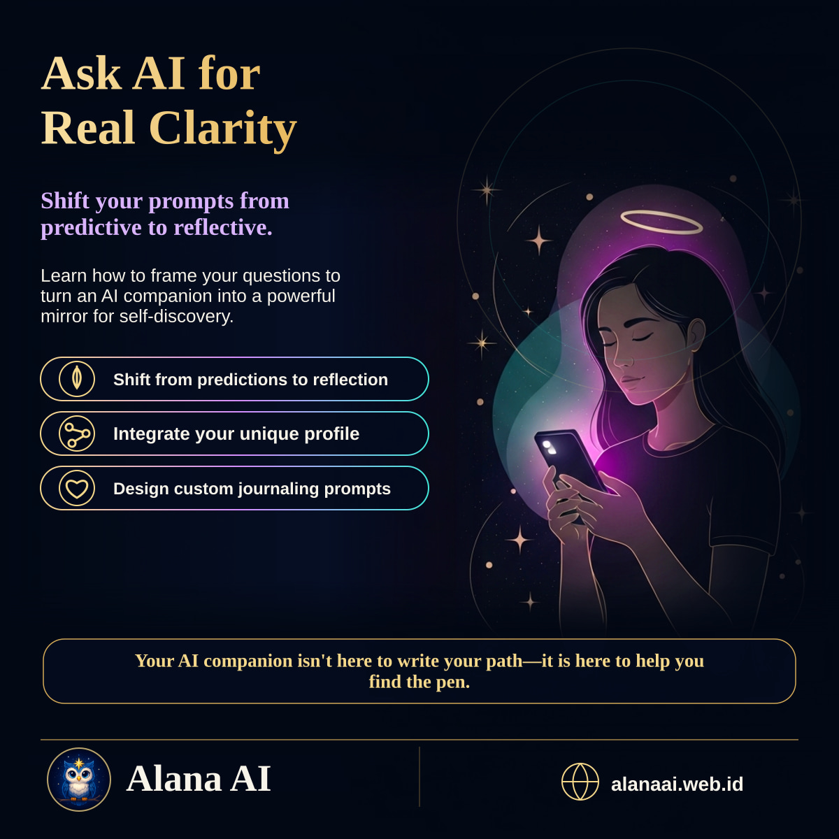 Square Alana AI social graphic for How to Ask AI for Guidance: Prompts for Deep Reflection