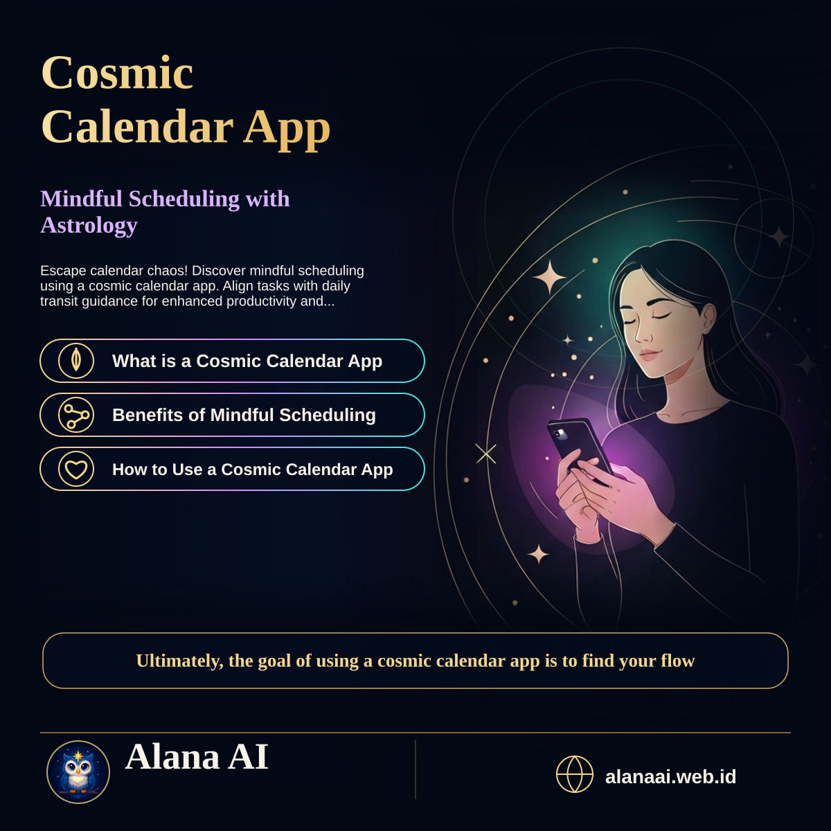 Square Alana AI social graphic for Cosmic Calendar App: Mindful Scheduling with Astrology