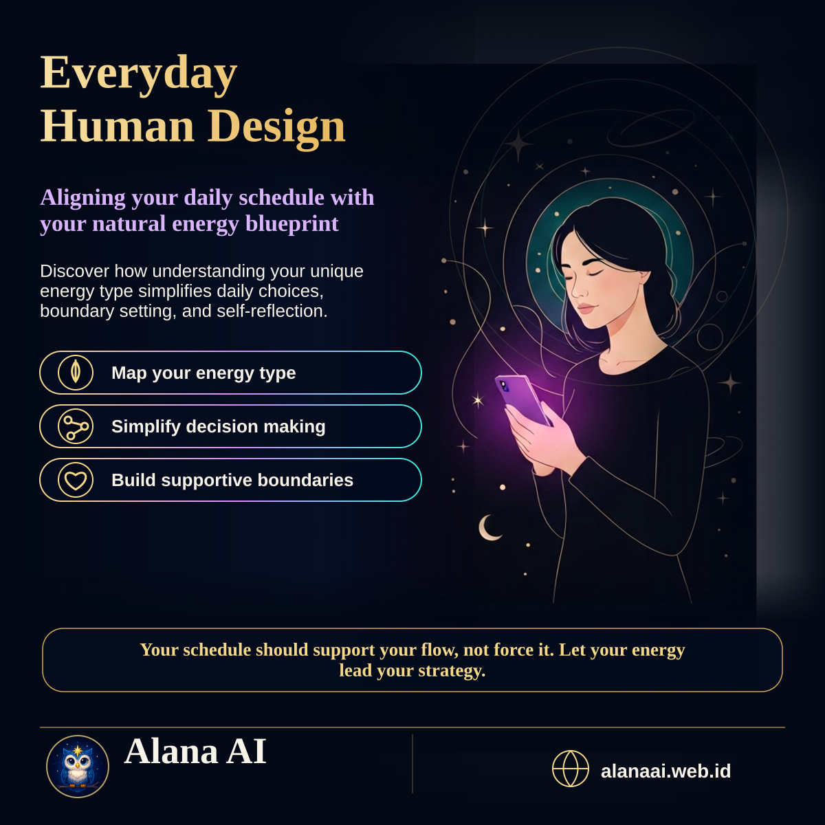 Square Alana AI social graphic for Human Design Daily Guidance: Aligning Energy and Decisions