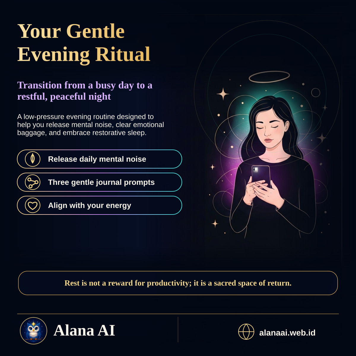 Square Alana AI social graphic for How to Build a Gentle Evening Reflection Ritual for a Quiet Mind