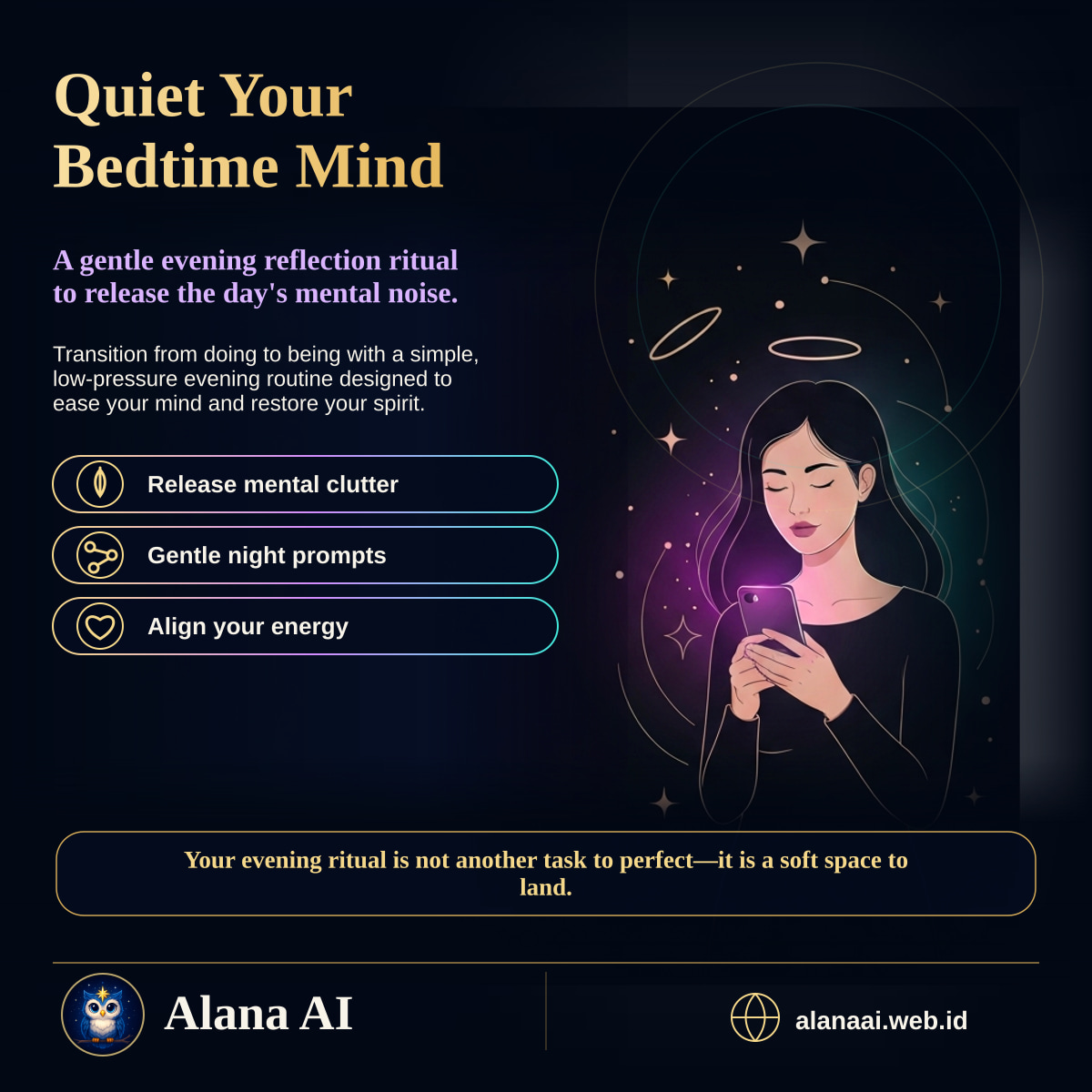 Square Alana AI social graphic for How to Build a Gentle Evening Reflection Ritual for a Quiet Mind