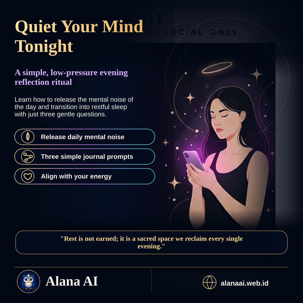 Square Alana AI social graphic for How to Build a Gentle Evening Reflection Ritual for a Quiet Mind