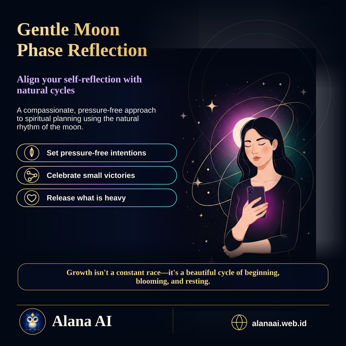 Square Alana AI social graphic for Gentle Moon Phase Reflection: A Guide to Cyclical Planning
