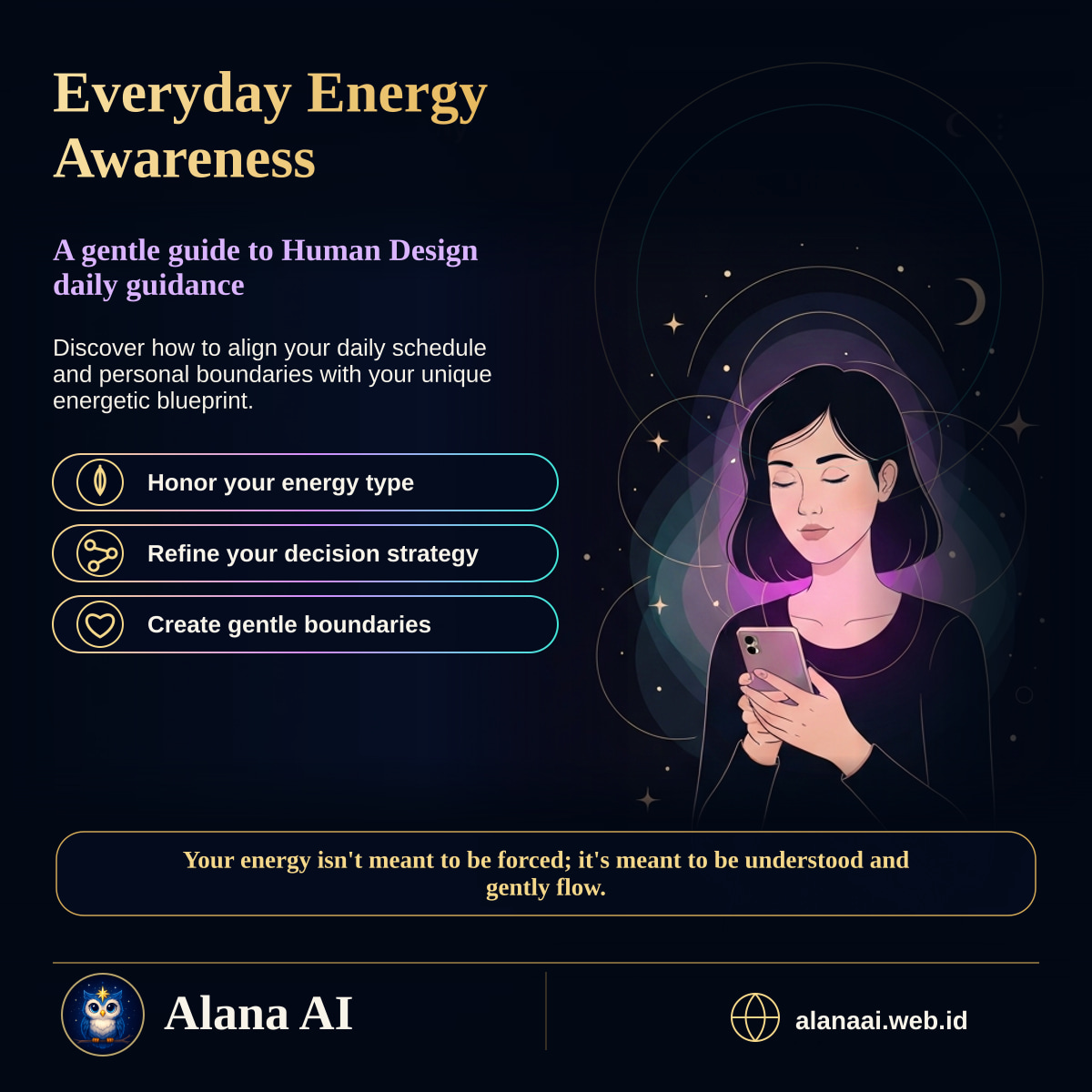 Square Alana AI social graphic for Grounded Human Design Daily Guidance for Everyday Energy