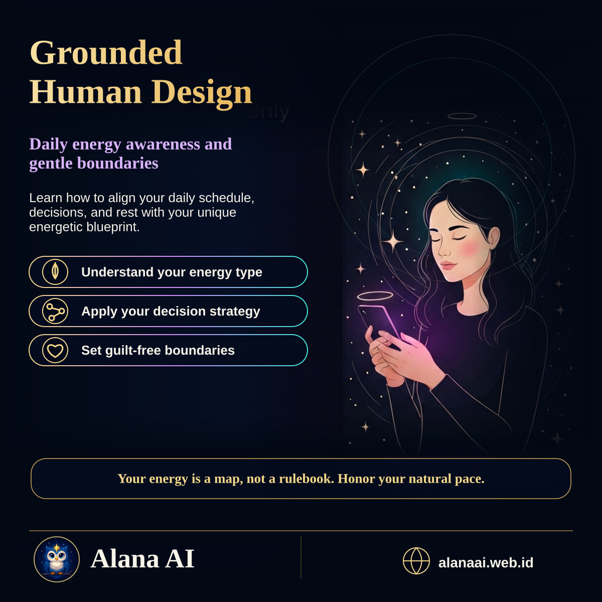 Square Alana AI social graphic for Grounded Energy: Human Design Daily Guidance for Real Life