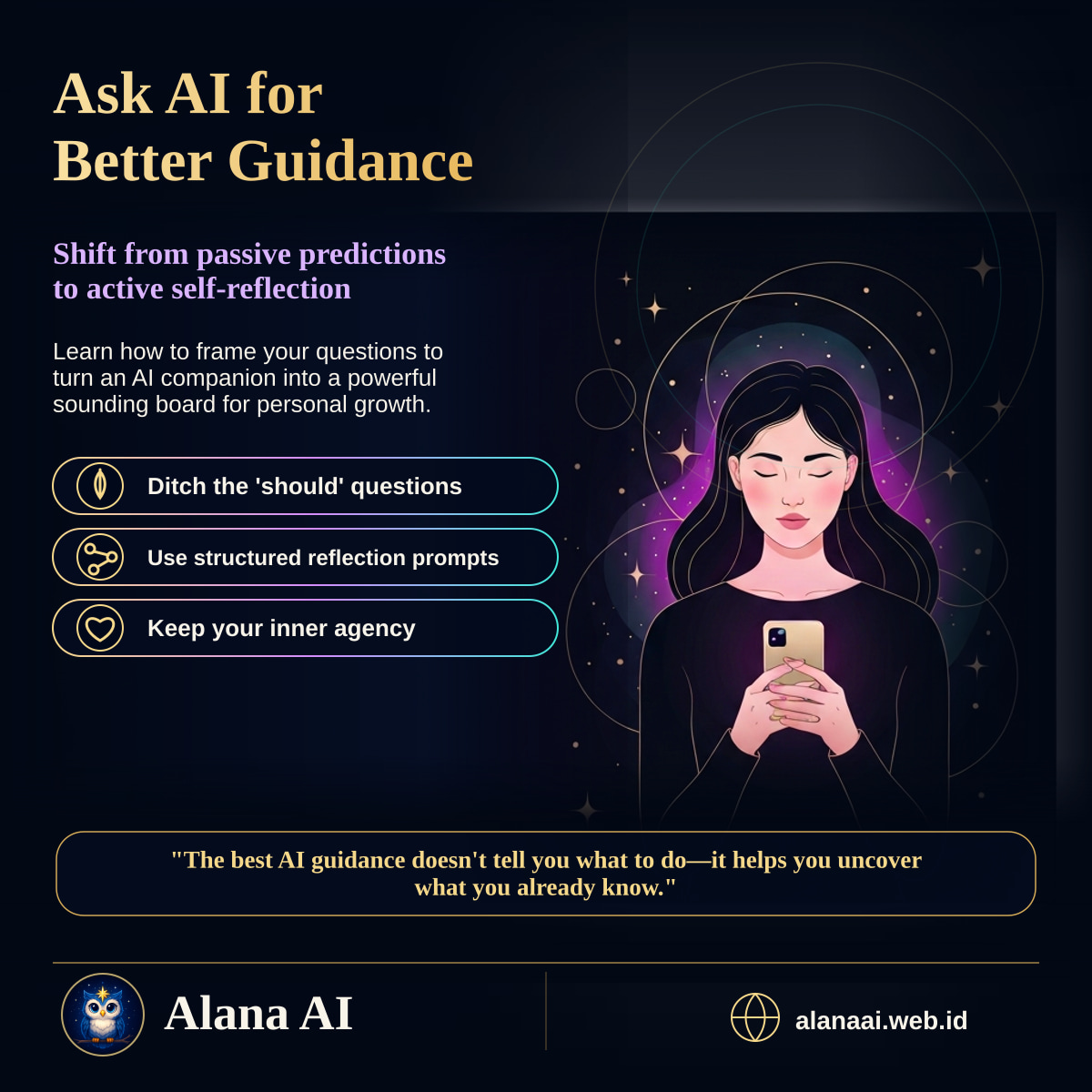 Square Alana AI social graphic for How to Ask AI for Guidance: Prompts for Clearer Self-Reflection