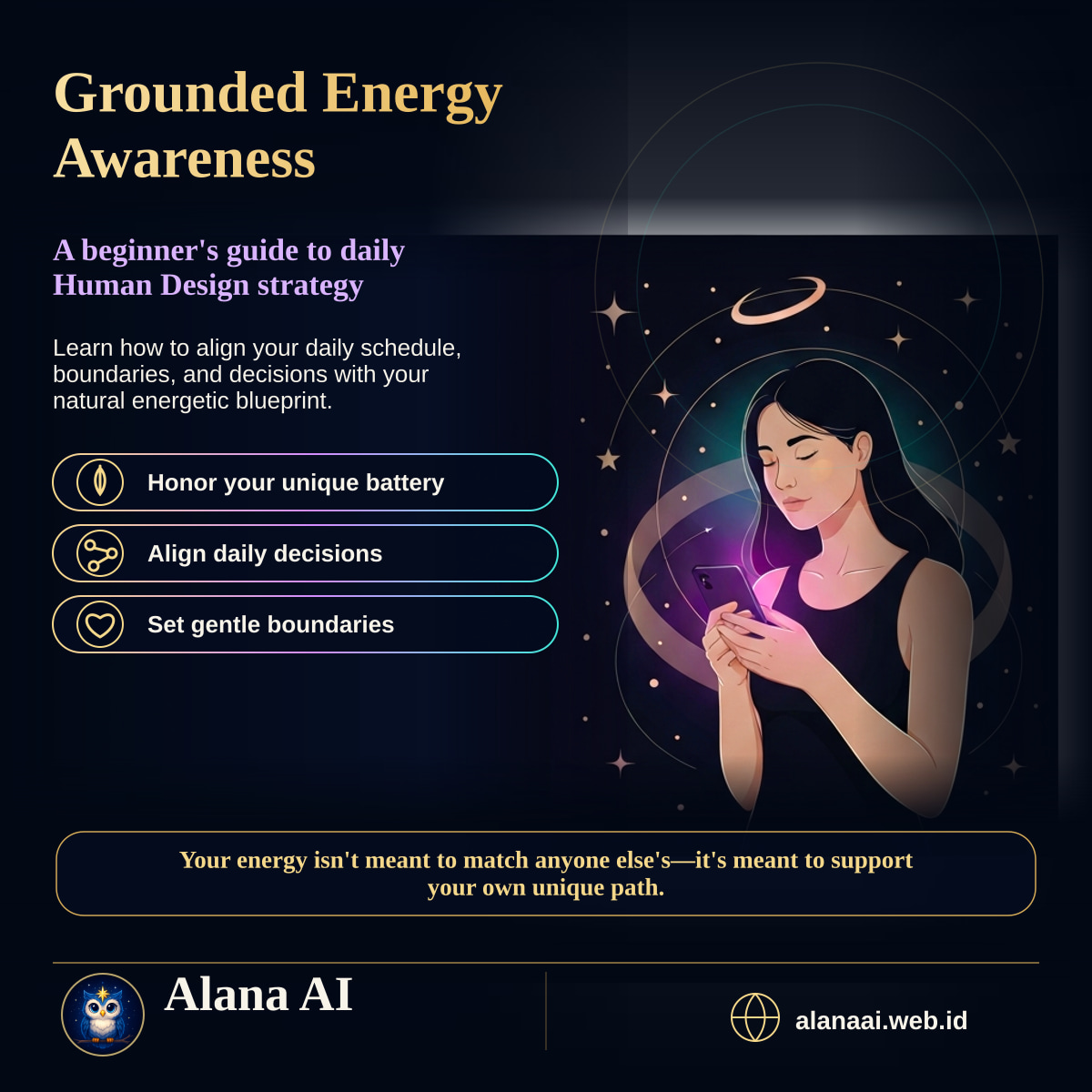 Square Alana AI social graphic for Human Design Daily Guidance: Reclaim Your Energy Flow