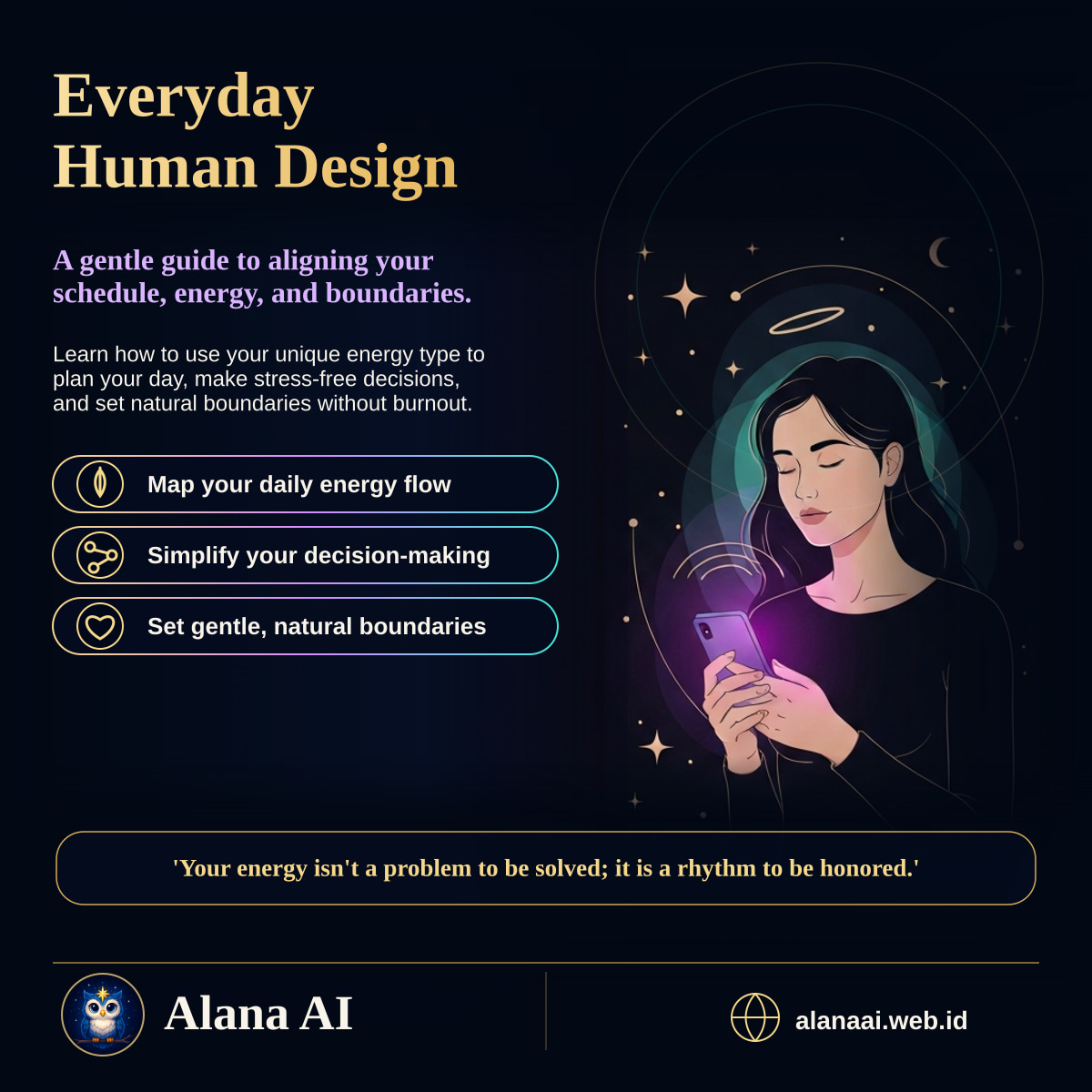 Square Alana AI social graphic for Practical Human Design Daily Guidance for Energy & Boundaries