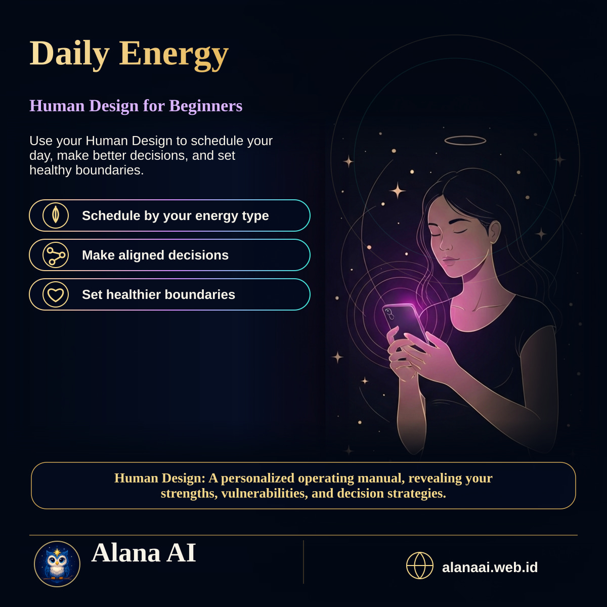 Square Alana AI social graphic for Human Design Daily Guidance: Tune Into Your Unique Energy Flow