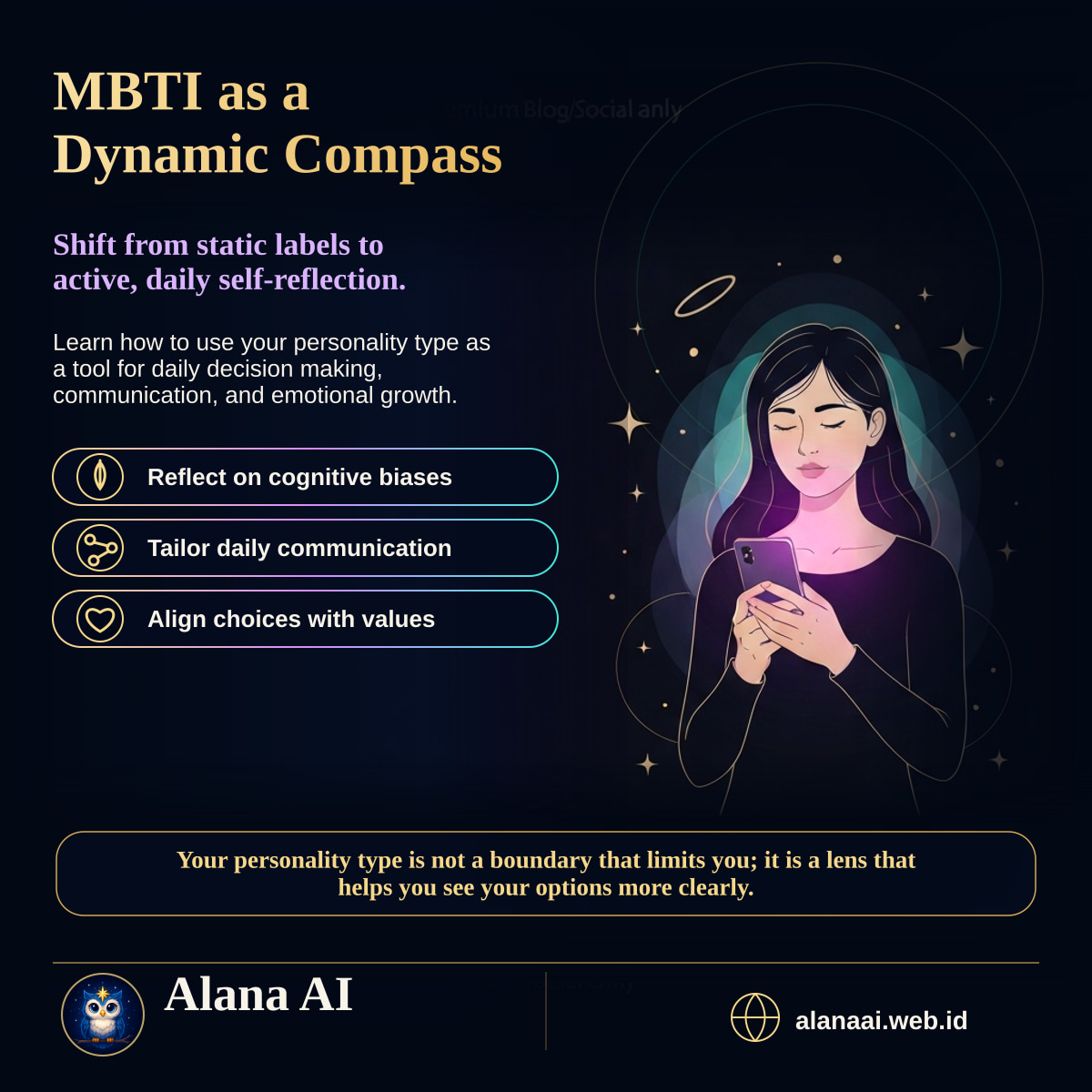 Square Alana AI social graphic for MBTI Daily Guidance: How to Use Your Type for Better Decisions