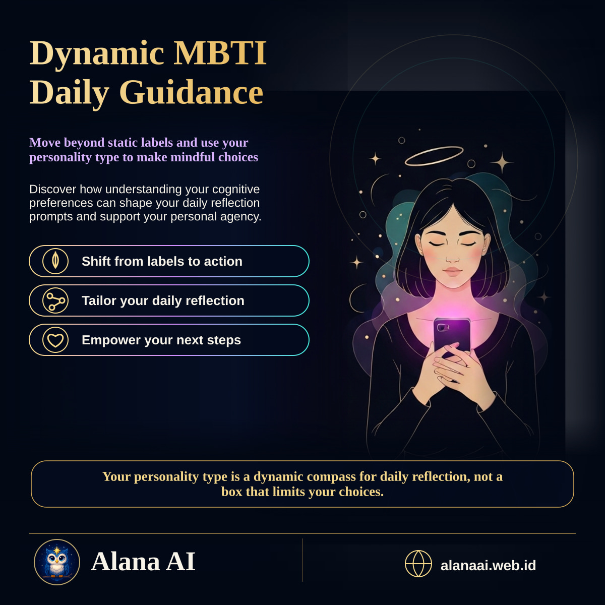 Square Alana AI social graphic for MBTI Daily Guidance: How Personality Shapes Better Everyday Decisions