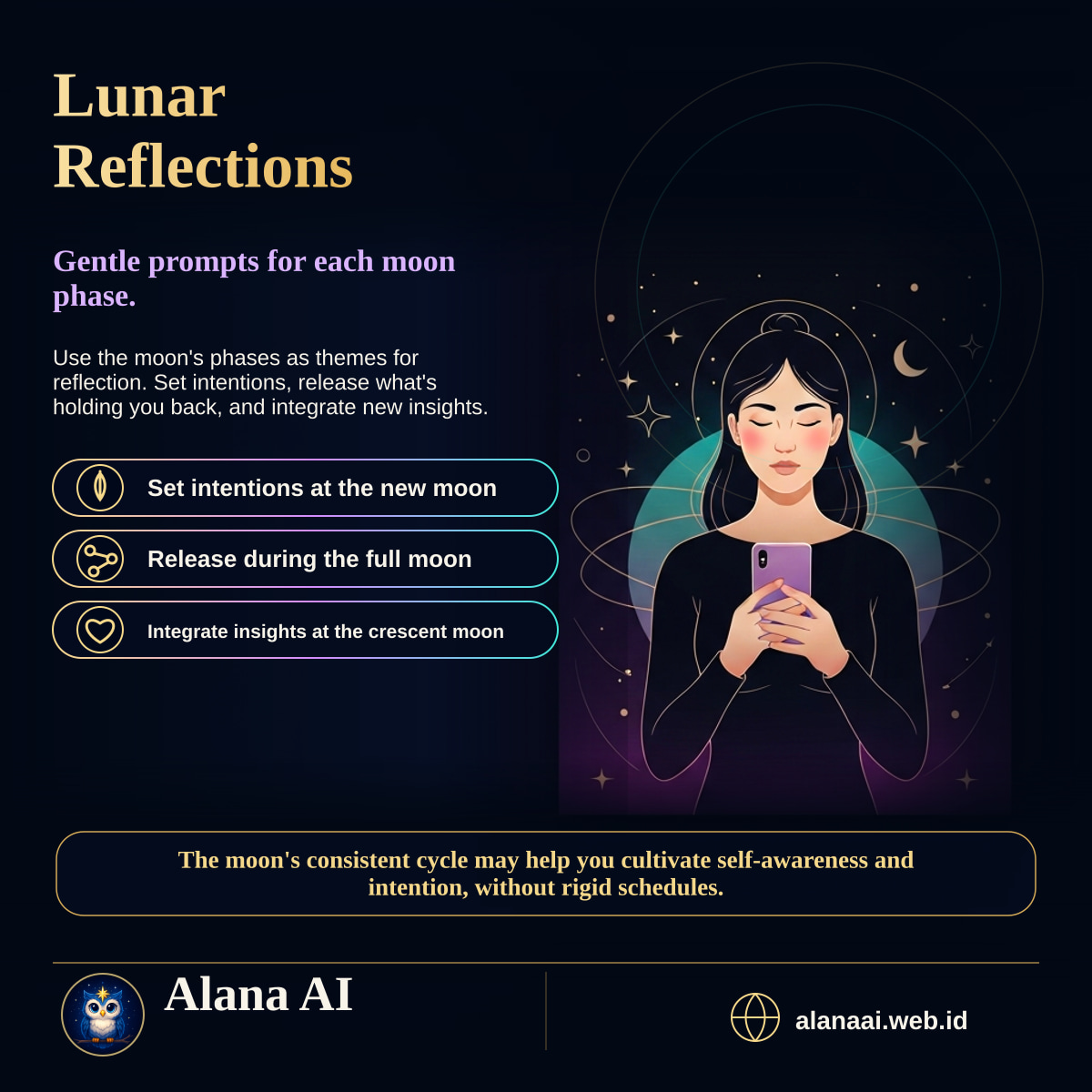 Square Alana AI social graphic for Moon Phase Reflection: Journal Prompts for Every Lunar Cycle