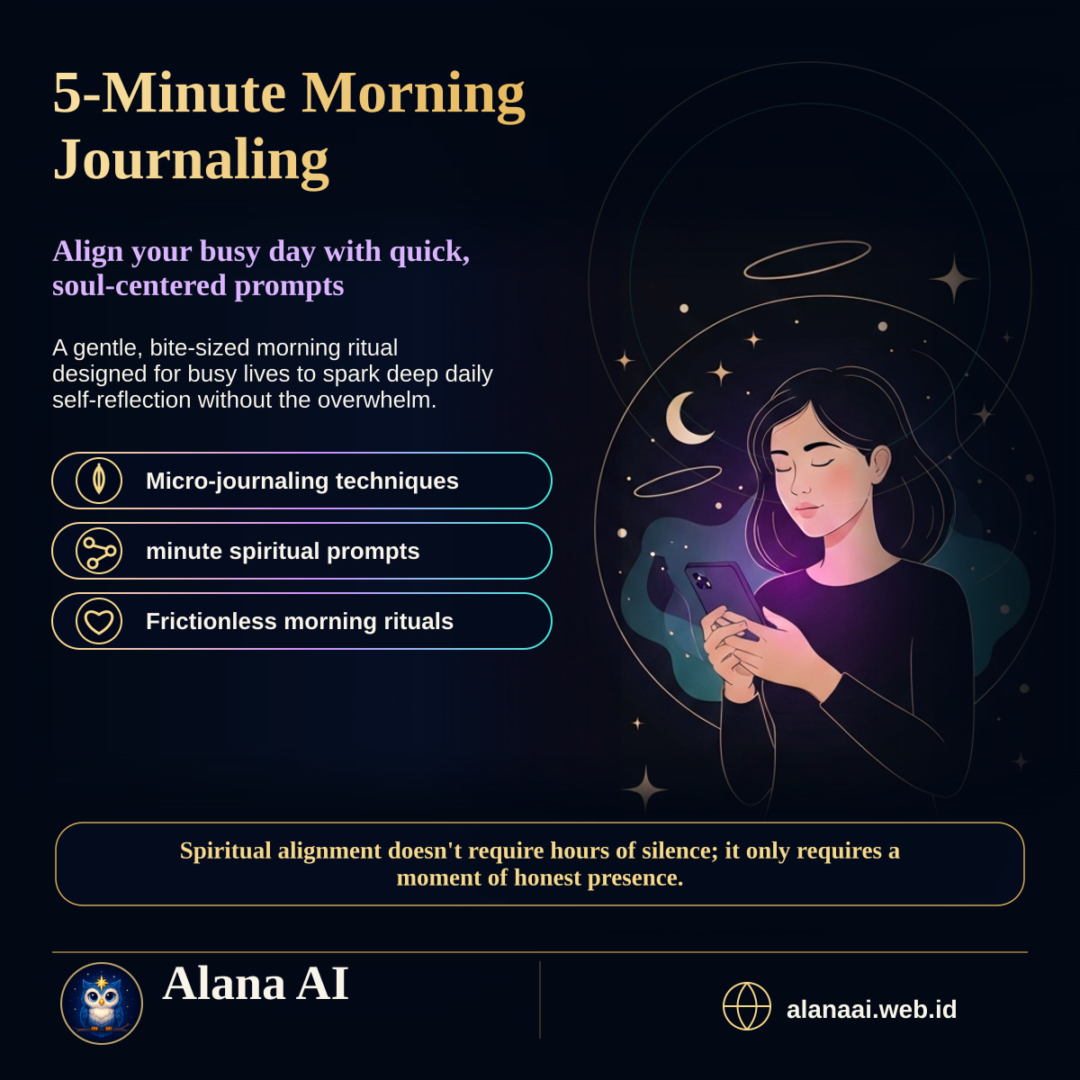 Square Alana AI social graphic for 5-Minute Morning Journaling Prompts for Spiritual Self-Reflection