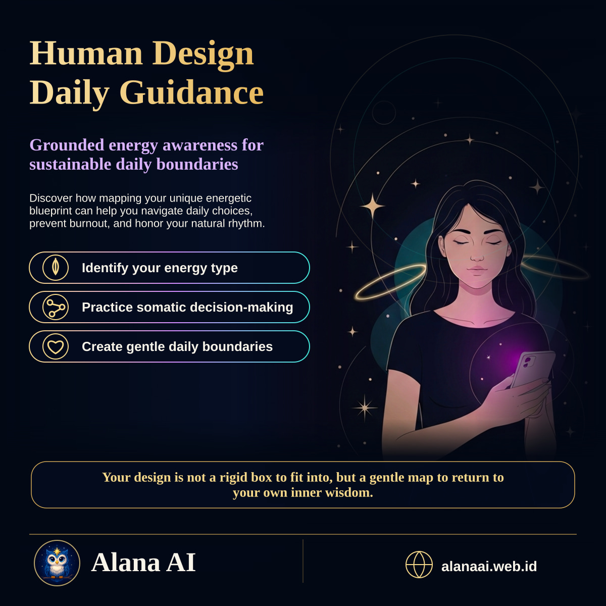 Square Alana AI social graphic for Human Design Daily Guidance: Energy Awareness for Beginners